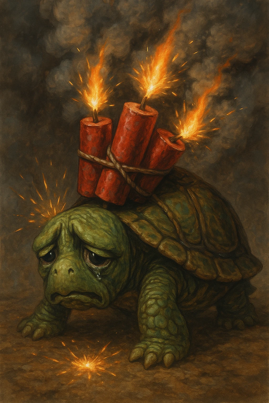 A green turtle with a sorrowful face, firecrackers tied to its back, the firecrackers are burning and the turtle looks hurt emoji