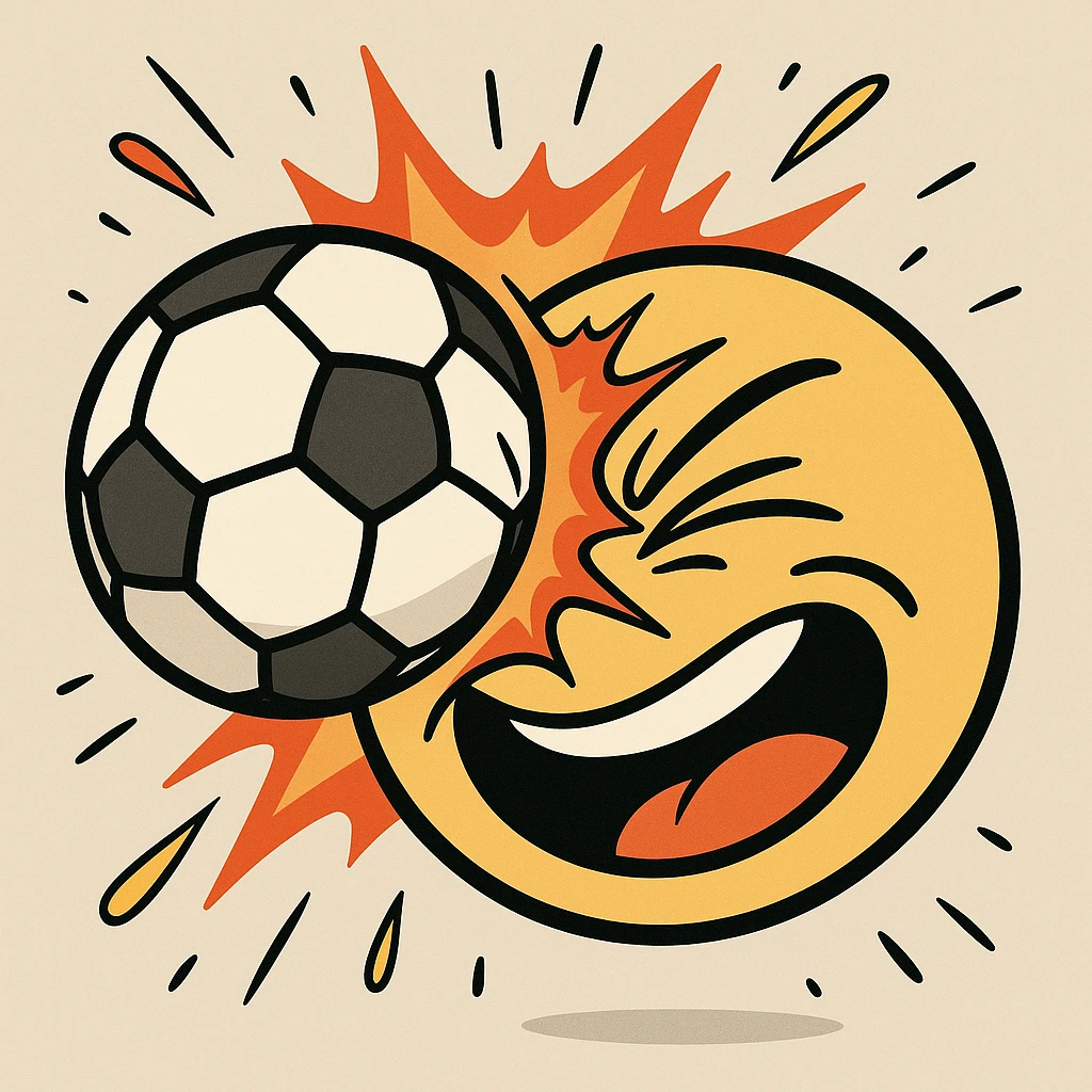 a soccer ball smashing into a smiley face, dynamic impact, expressive, cartoon style, vibrant colors, bold outlines, energetic, playful, fun, animated, lively expression emoji