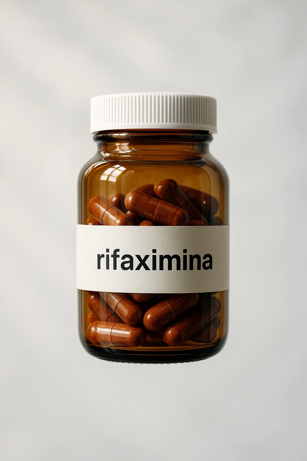 barattolo di medicinale con la scritta "rifaximina" sull'etichetta fluttua in aria, iperrealistico 4k emoji