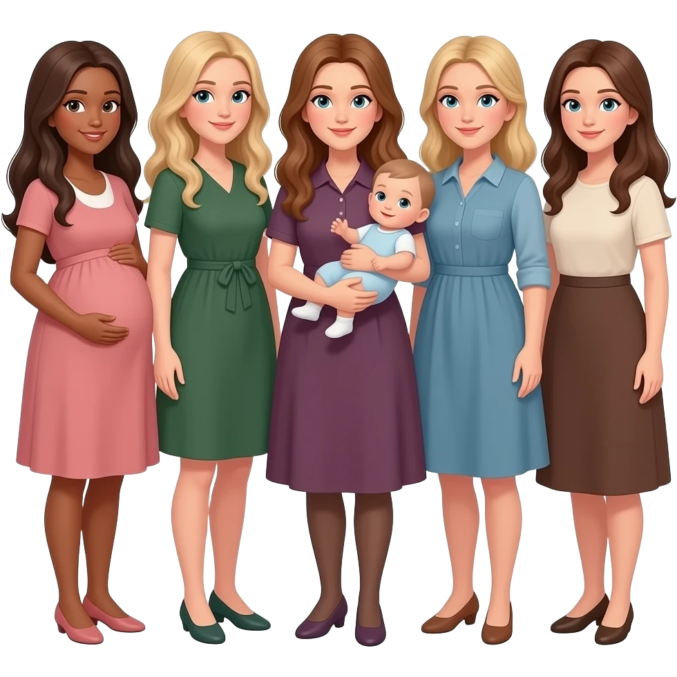 Standing together Caucasian women with long hair: 1 brunette whose pregnant, 1 dirty blonde tall, 1 mom 1 blonde with baby in arms, 1 blonde, 1 brunette emoji