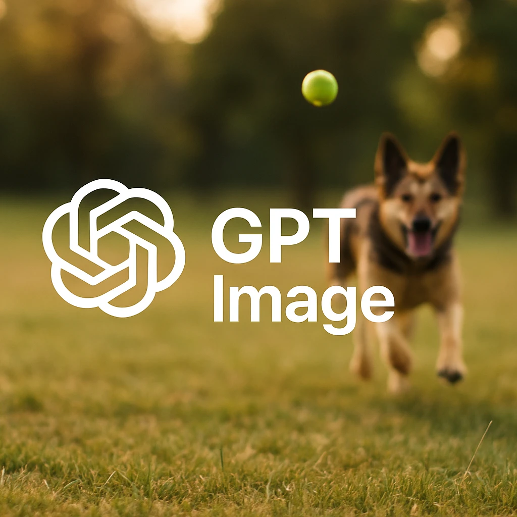  logo of chat gpt with text "GPT Image" on the background of a dog chasing ball, realistic image emoji