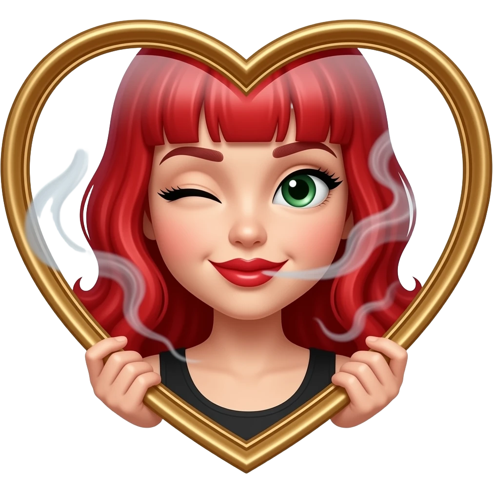 Ruby red  haired girl. With smoke. Green eyes. Smiley and flirty. No bangs. Red lips. Heart emoji. Kissing emoji. Winking emoji