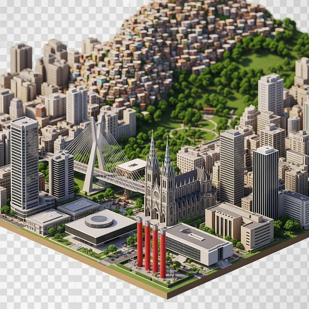 Isometric miniature of São Paulo Catedral da Sé, MASP on red pillars, Octávio Frias Bridge, and Altino Arantes building, favelas on hillsides, dense chaotic urban blocks, and green parks 3D miniature effect and Tilt Shift effect, no cartoonish look, transparent background. emoji