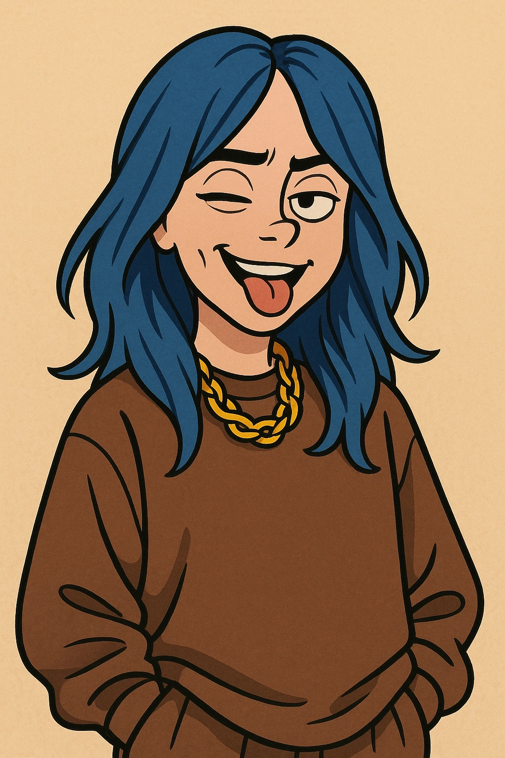 cartoon style portrait of Billie Eilish with blue hair, baggy clothes, playful expression emoji