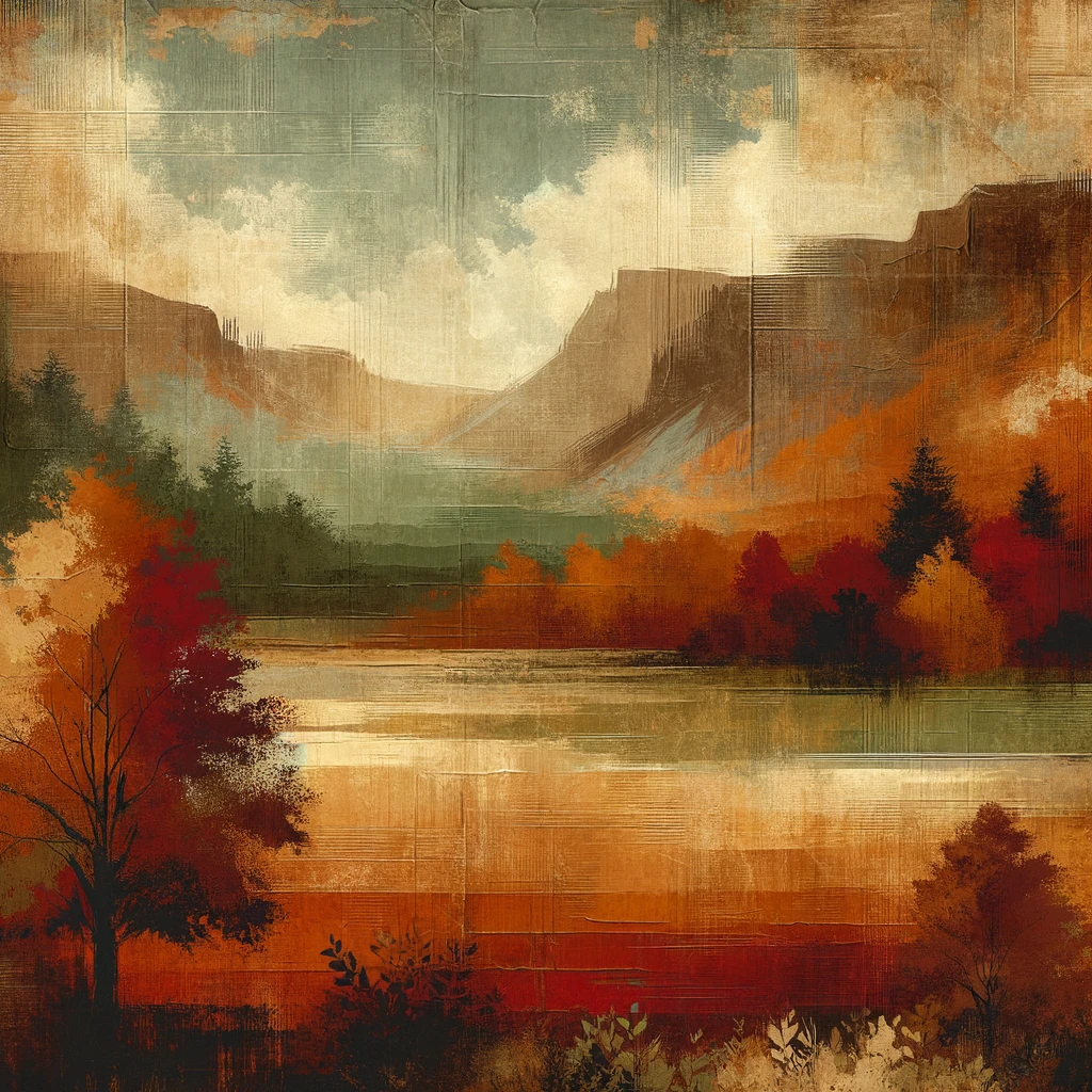Autumn background with rough textured surface, rustic earthy tones (rust, ochre, chestnut, olive, beige), abstract painterly strokes, grunge style, cozy warm atmosphere emoji