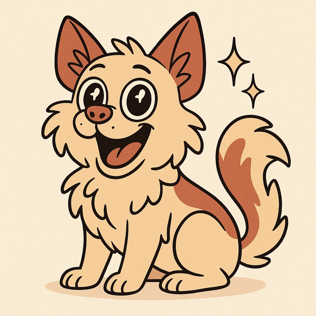 joyful dog-cat mix, fluffy fur, sparkling eyes, open mouth smile, lively and sweet emoji