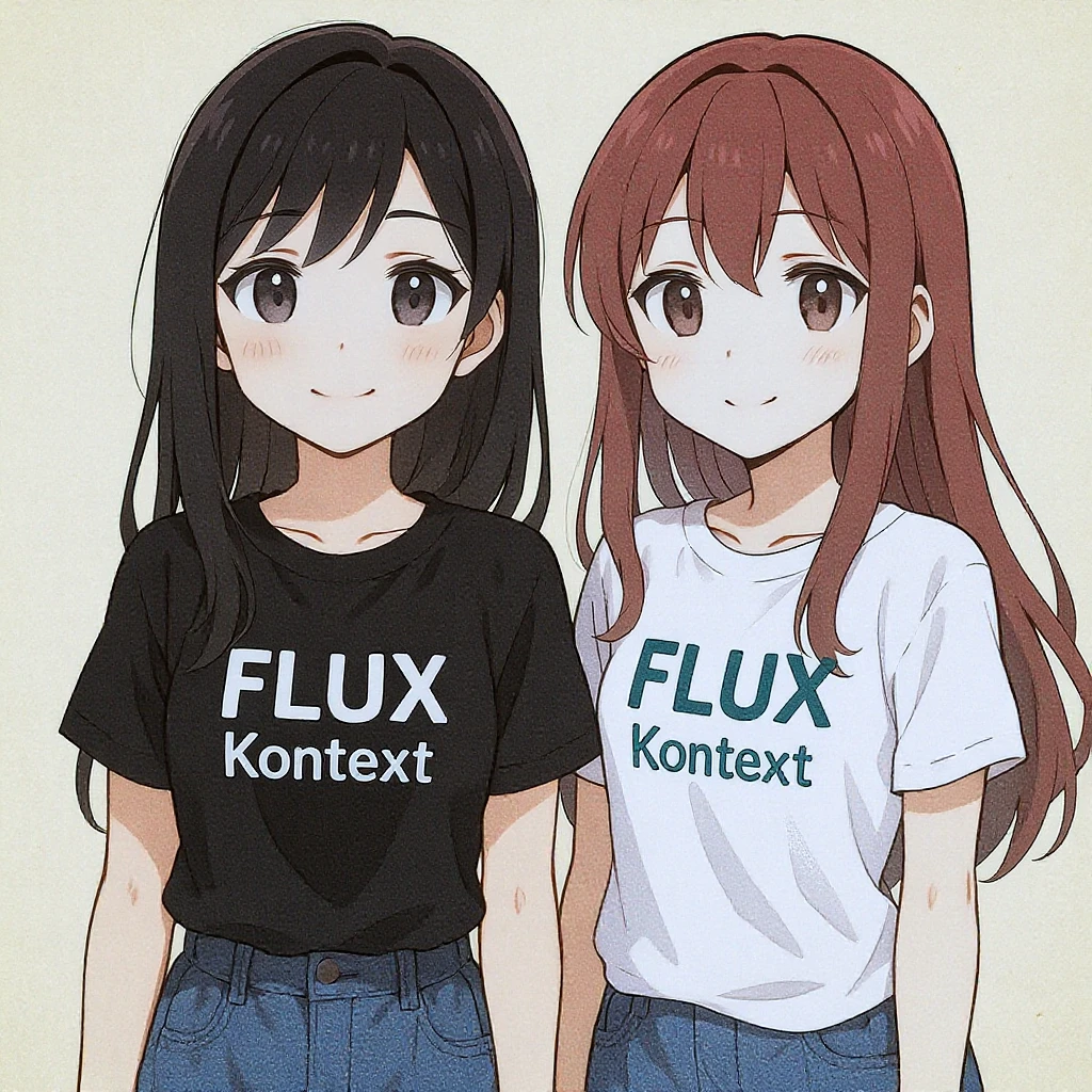 make a image of a girl with a anime version of that girl beside her wearing tshirt with text of FLUX Kontext emoji