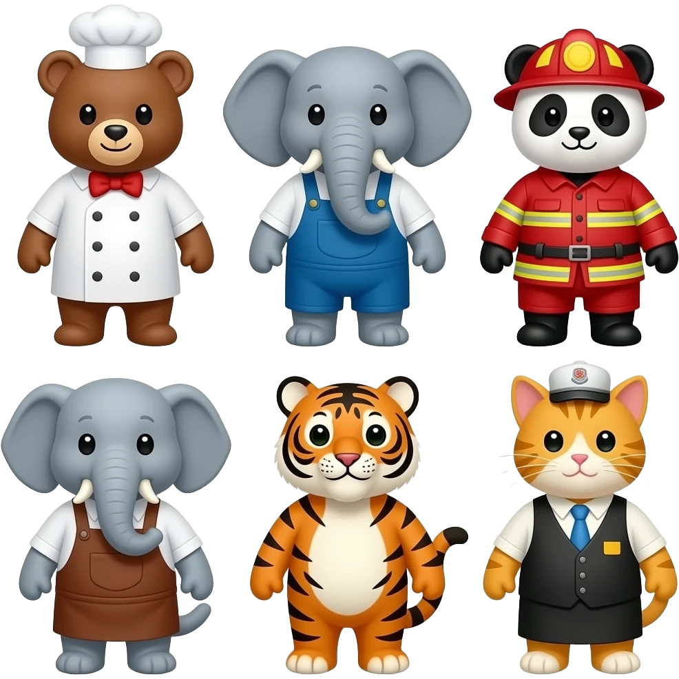Baker bear, mechanic elephant, firefighter panda, librarian elephant, artist tiger, and waiter cat emoji