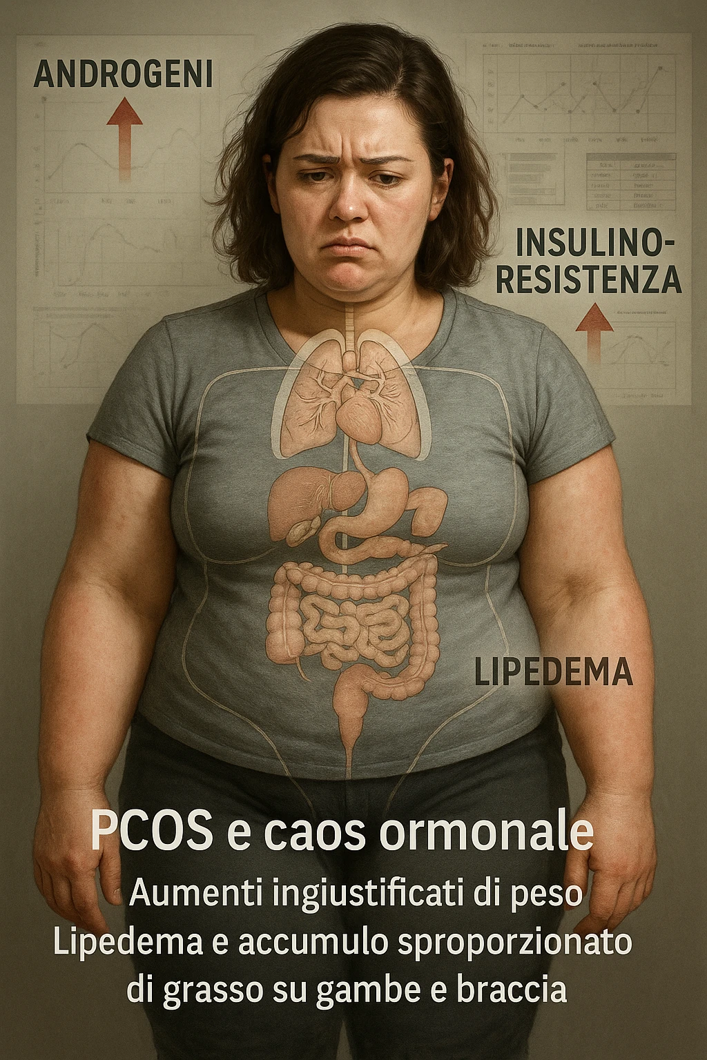 cinematic realistic Woman with PCOS struggling with hormonal chaos, transparent overlay showing elevated androgens and insulin resistance affecting her body, lipedema causing disproportionate fat accumulation in legs and arms despite normal torso, expression of frustration with unexplained weight gain, medical charts showing complex endocrine dysfunction, painful swollen limbs contrasting with metabolic confusion scrivi i testi in italiano emoji