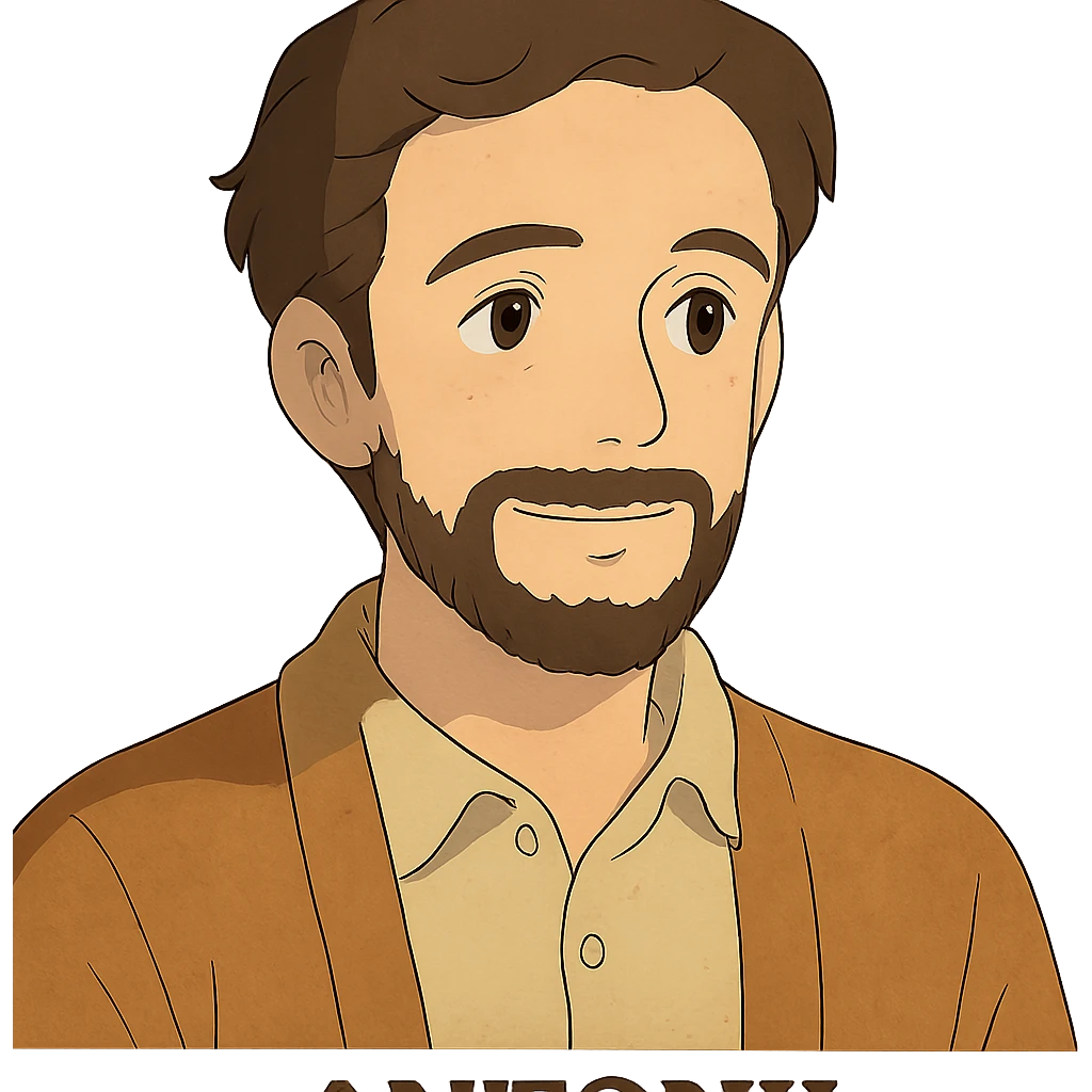 ghibli style portrait of a man named Antony, gentle and warm emoji