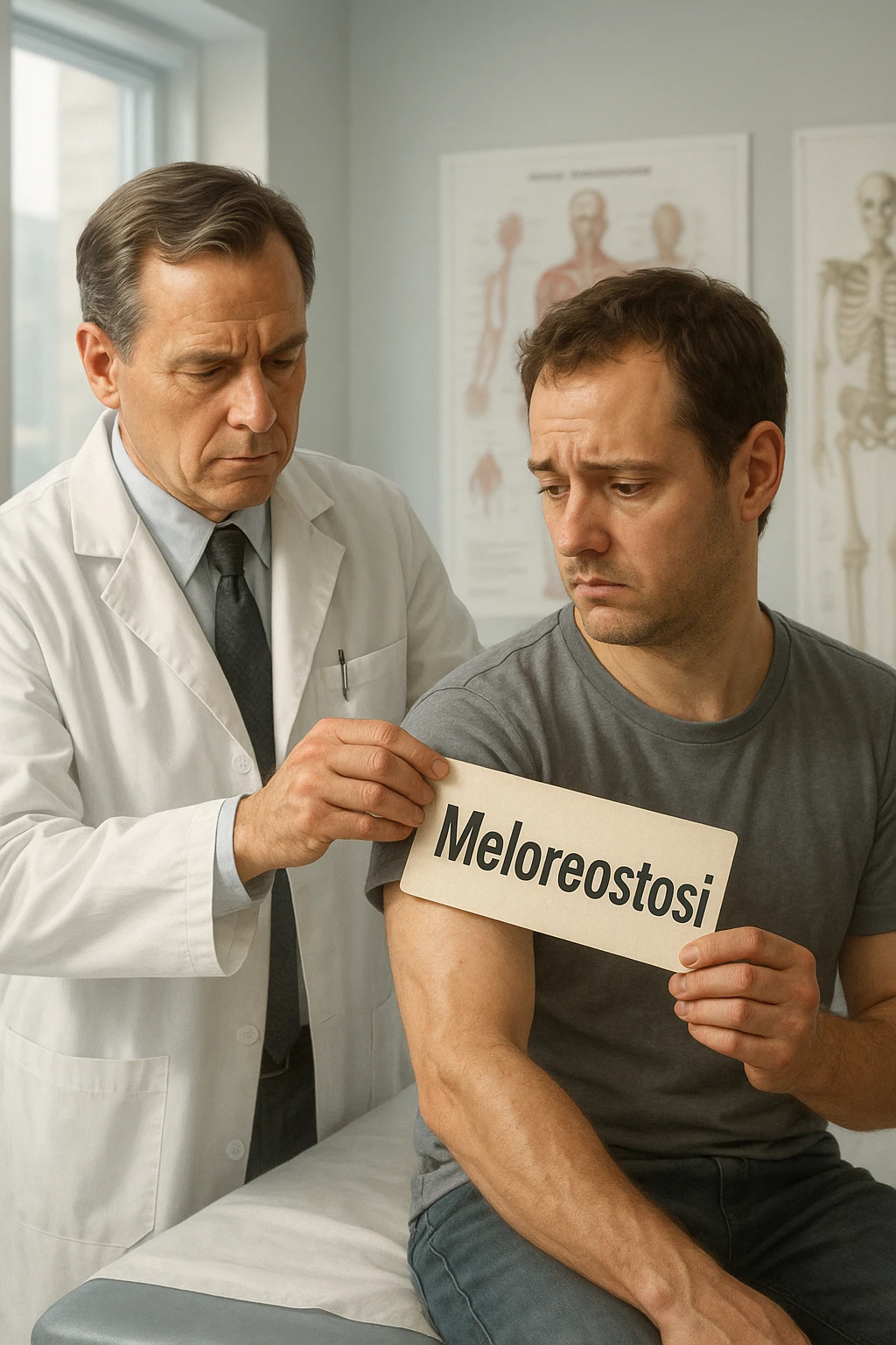 A realistic, cinematic illustration set in a bright, modern medical office. A middle-aged doctor in a white lab coat with a serious expression is shown gently placing a large paper label on the shoulder of a male patient sitting on the examination table. The label has the word 'Meloreostosi' written on it, symbolizing the act of labeling the patient with his rare bone condition. The patient looks confused and slightly disheartened, wearing a simple t-shirt with part of his arm exposed, showing subtle signs of bone thickening or deformation associated with melorheostosis. The background includes medical charts and a softly blurred skeleton model, emphasizing the medical setting. The lighting is bright but neutral, conveying a sterile, clinical atmosphere while focusing on the symbolic moment of receiving a diagnosis label. The mood is introspective and slightly heavy, illustrating the emotional weight of being defined by a rare chronic condition emoji
