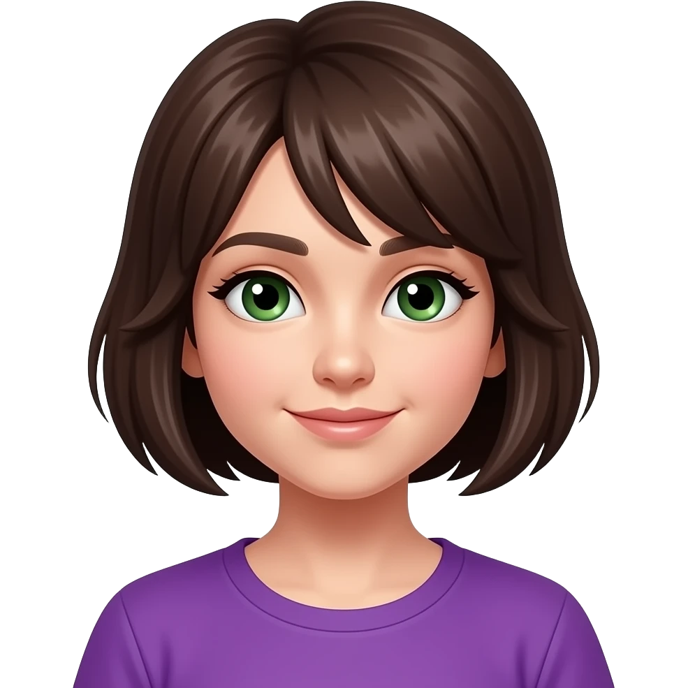 Somoene whith dark short brown hair green eyes and a purple outfit. emoji