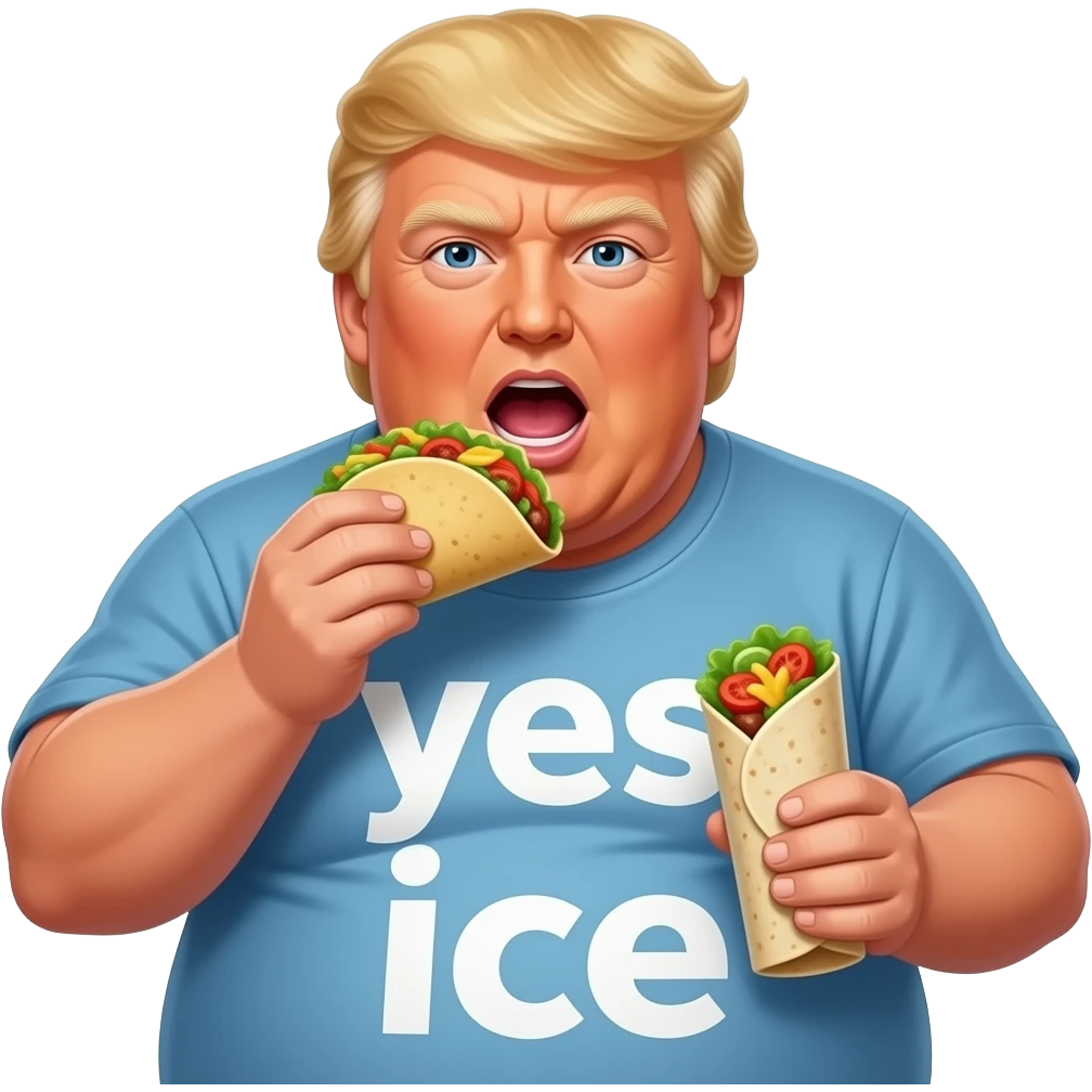 very fat obese donald trump with a pot belly eats mexican food and on his shirt says "yes ice" emoji