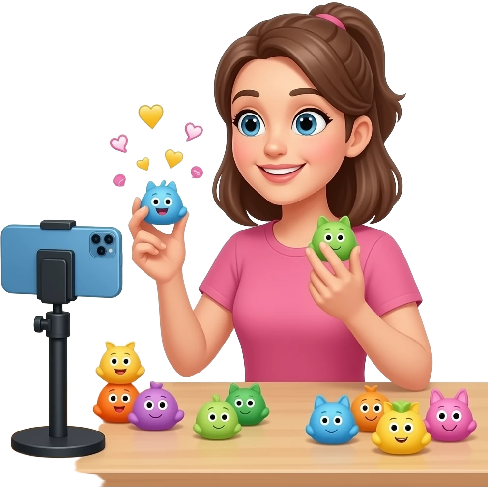An women is making live about taba squishys the phone is in the table and she gets 10,000 likes and coments and she is playing with taba squishy emoji emoji