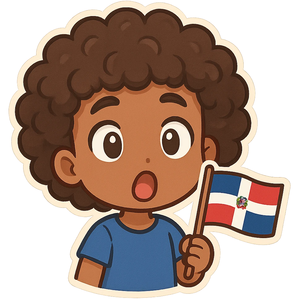 chibi emoji of a Dominican character with curly hair and brown skin, surprised expression emoji