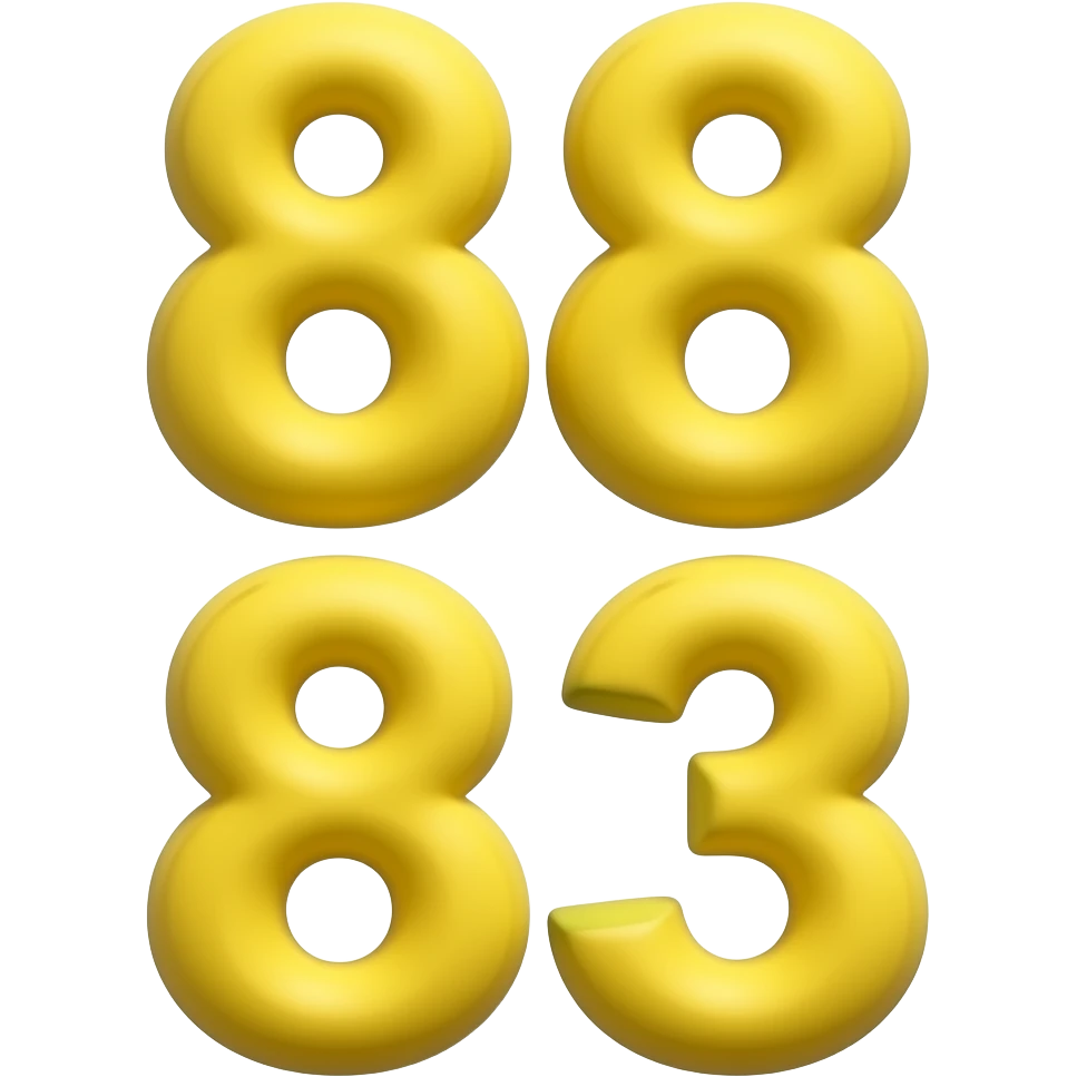 👉  TWO👉 "numbers 88 and 83 made of banana texture, yellow banana color, 3D glossy, soft rounded shapes, cute cartoon style, isolated on white background, high detail" emoji
