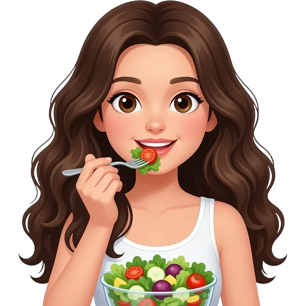 A girl with fair skin, brown eyes, long, incredibly wavy dark brown hair, wearing a white tank top, eating a salad. emoji