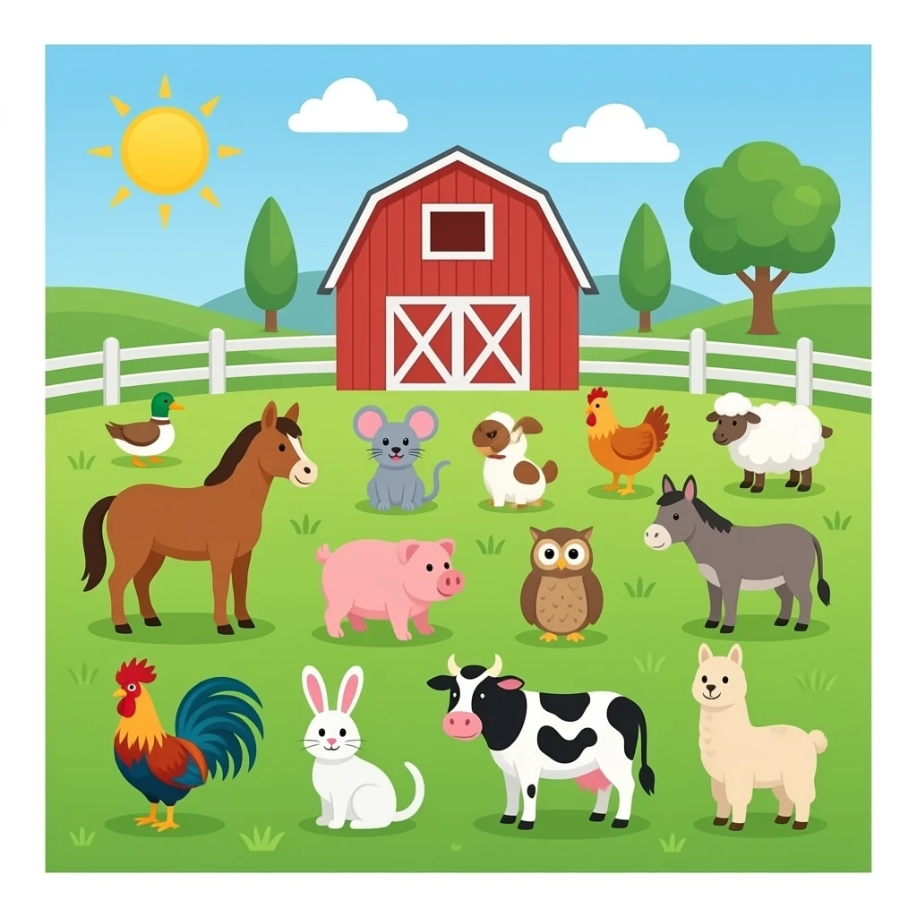 List of 16 farm animals inside the barn like have: Duck, mouse, dog, horse, sheep, chicken, donkey, pig, goat, cat, owl, rooster, rabbit, Turkey, cow, and llama emoji