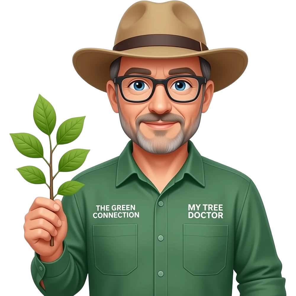 middle-aged man blue eyes. Dark rectangle glasses, in a green-collared, long-sleeve shirt.  Flatter wider-brim Australian Akubru hat. Holding a small sapling tree. Insert 'THE GREEN CONNECTION' in white directly onto the left pocket & onto the right pocket, place only the words 'MY TREE DOCTOR' emoji