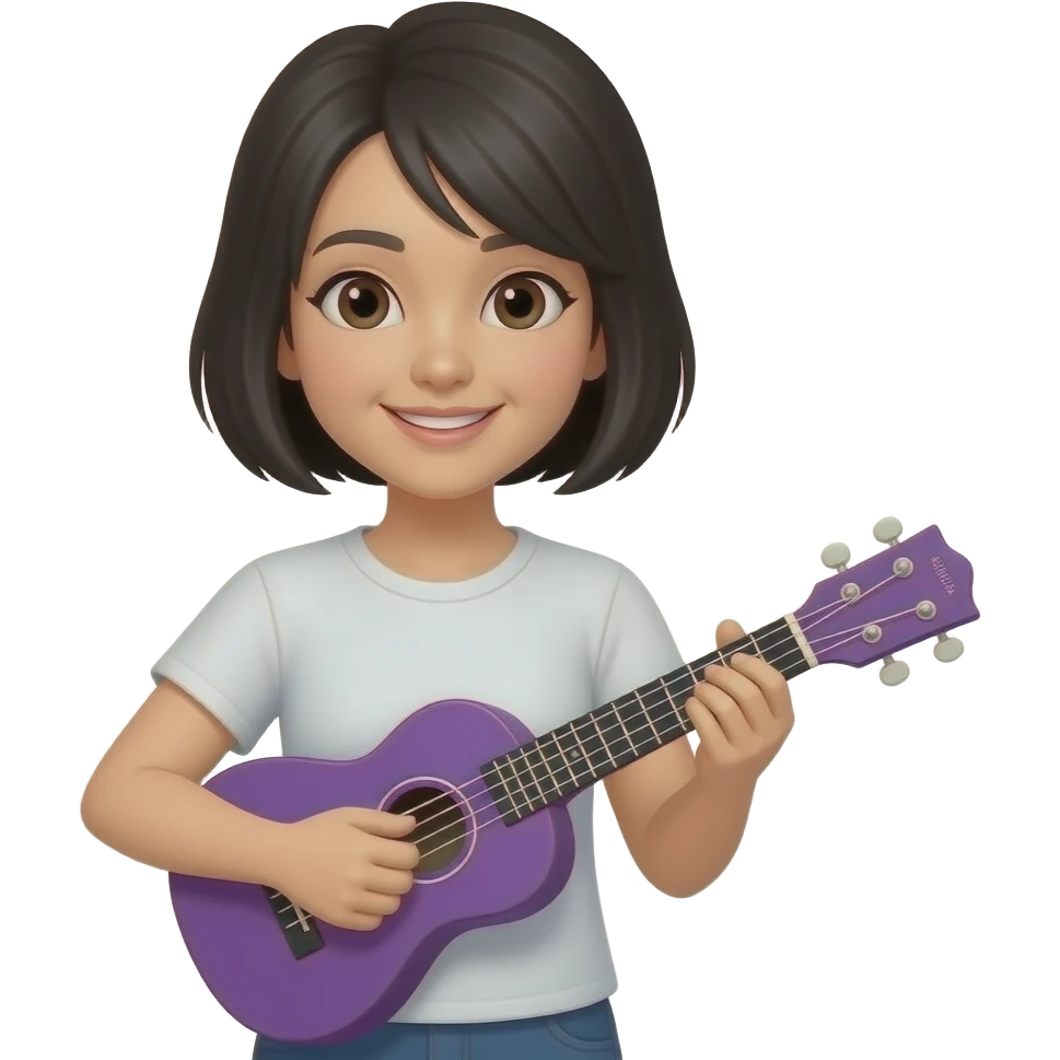 Short hair Asian lady playing purple ukulele emoji