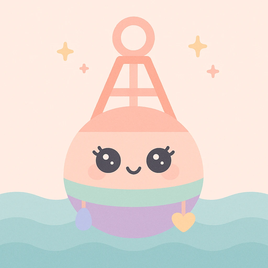 stylish buoy with feminine features and pendants, in the ocean, whimsical and fun, lighthearted, colorful emoji