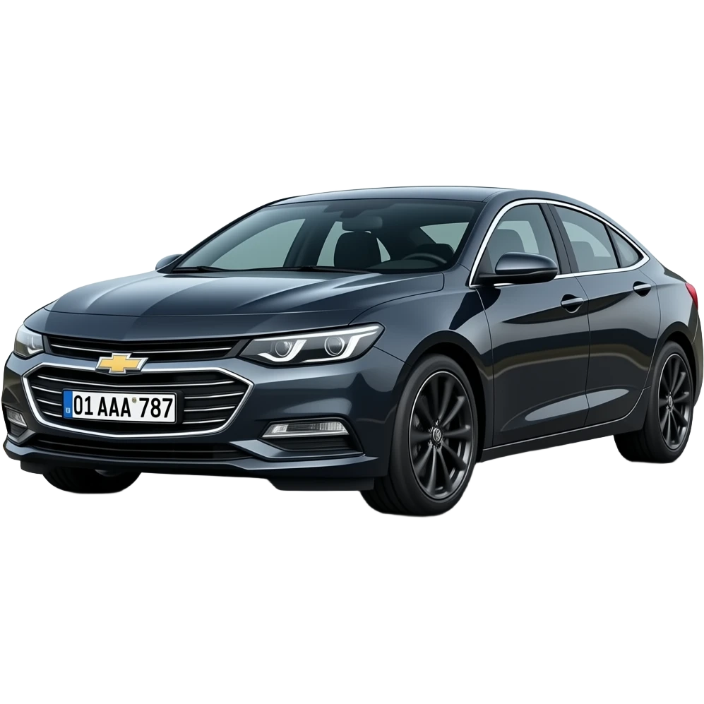 A realistic icon emoji of a metallic black sedan Chevrolet Malibu 2.0L Turbo Premier, wide shot, dark charcoal tint windows, black alloy 5-spoke rims, Dynamic sky blue glow LED headlights with glowing effect, uzbekistan flag region, number texts "01 AAA 787" in plate, driving in the road way city emoji