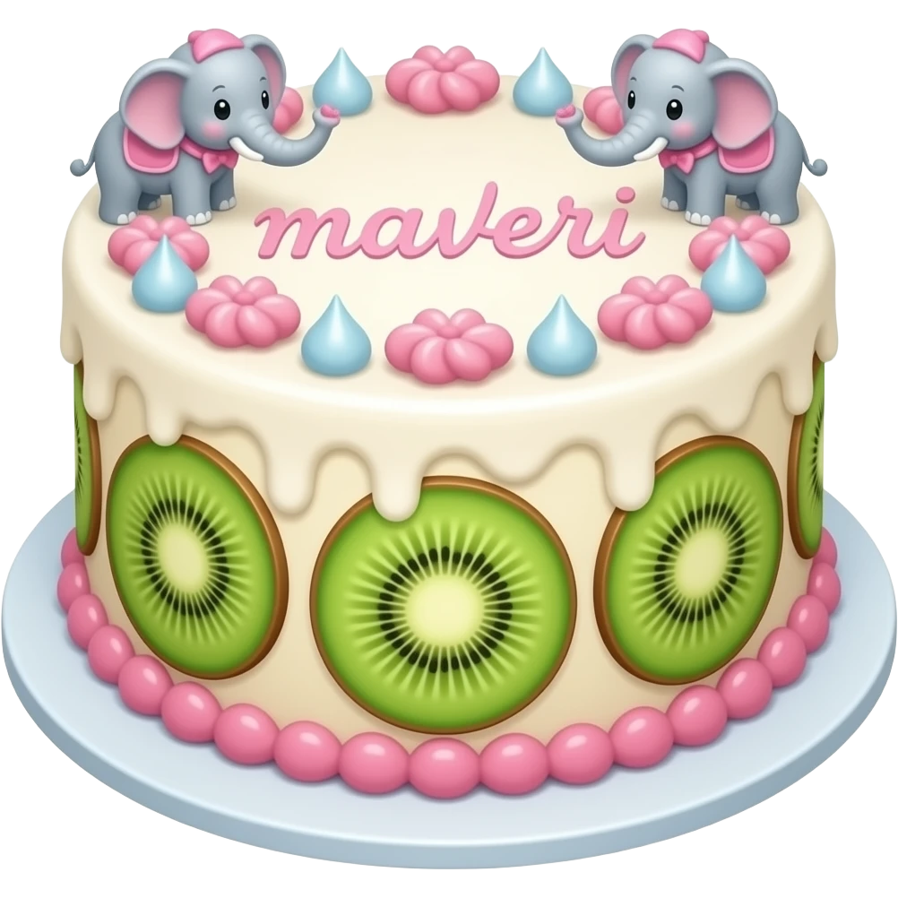 Create a cake that is based off kiwi, magic and elephants. Make it have pink flower writing saying maveri emoji