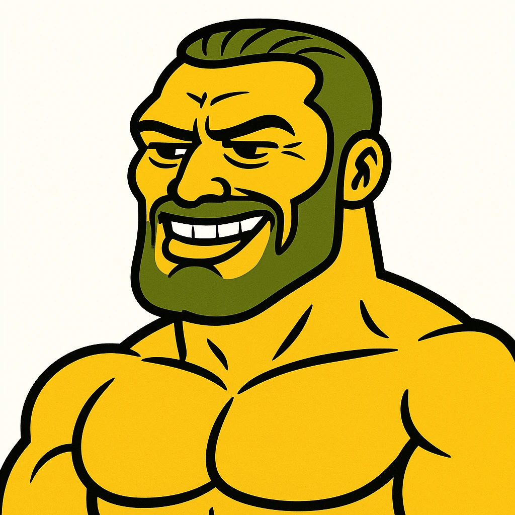 Create a gigachad emoji inspired by the reference image of a muscular man with a chiseled jawline and confident smile, in the style of the green bufo frog meme. The emoji should be simplified and expressive, capturing the essence of the bufo frog meme style. emoji