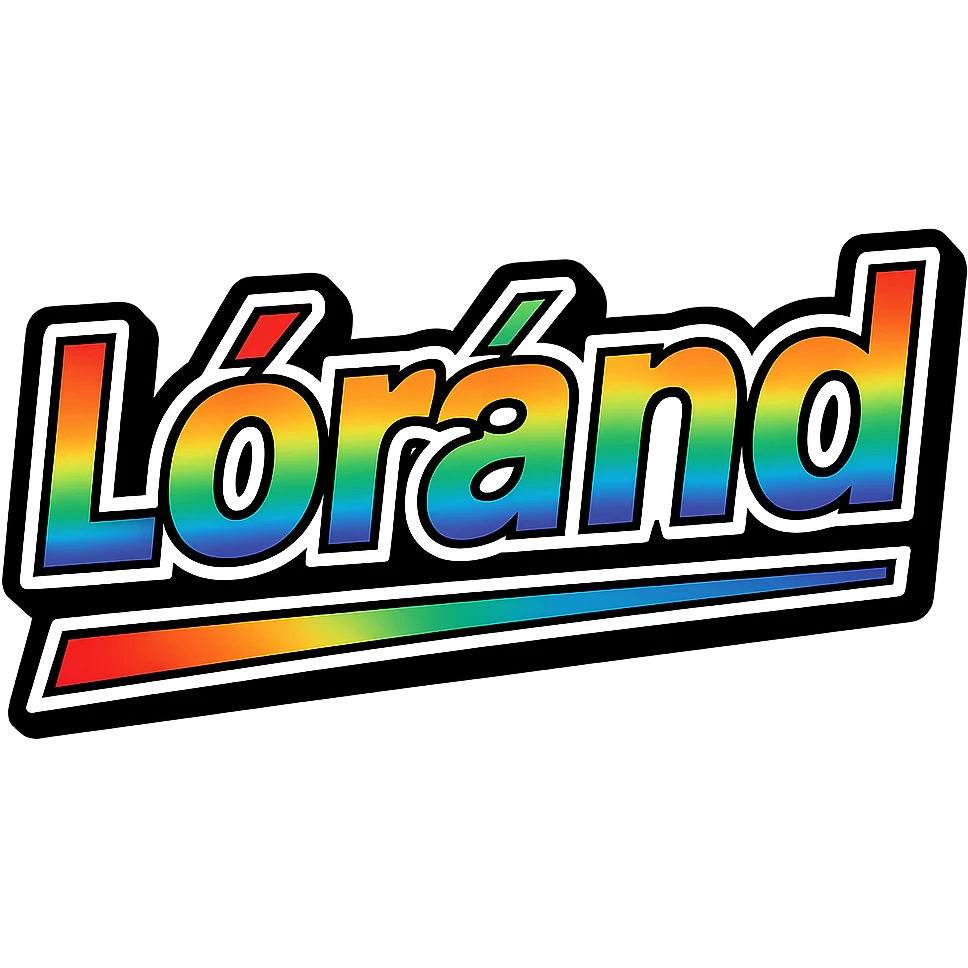 Lóránd name in modern gradient font with precise Hungarian characters, dark outline, extra bold, prominent white letter border, dynamic slanted underline, rainbow color gradient, 1000x1000 px, PNG, transparent background emoji