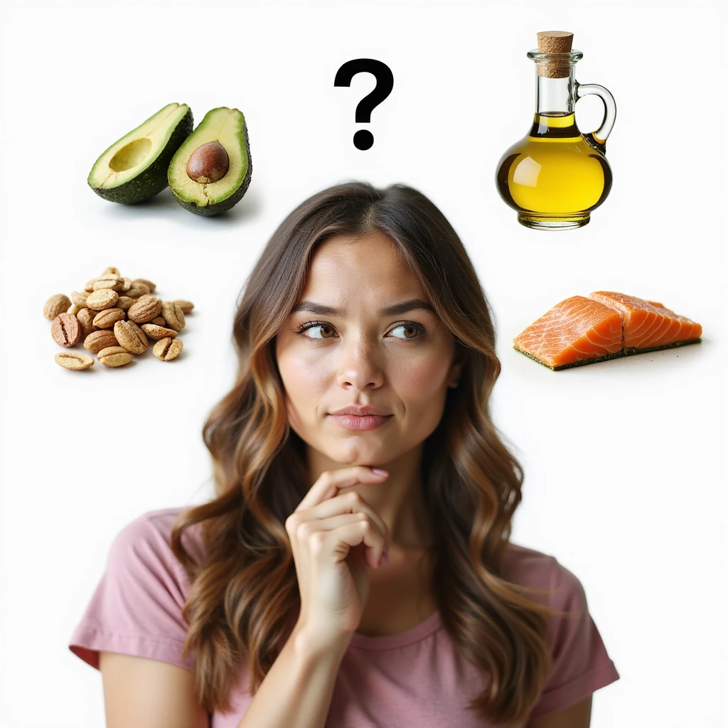realistic woman with doubtful expression, surrounded by realistic icons of healthy fats (avocado, olive oil, nuts, salmon), question mark above head, hyperrealistic details, natural light, PNG without background, variant 3 emoji