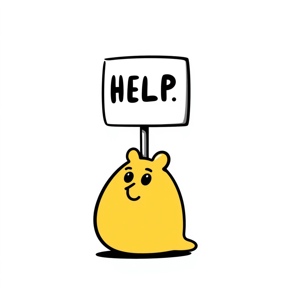 little yellow blob guy holding a sign that says 'help' emoji