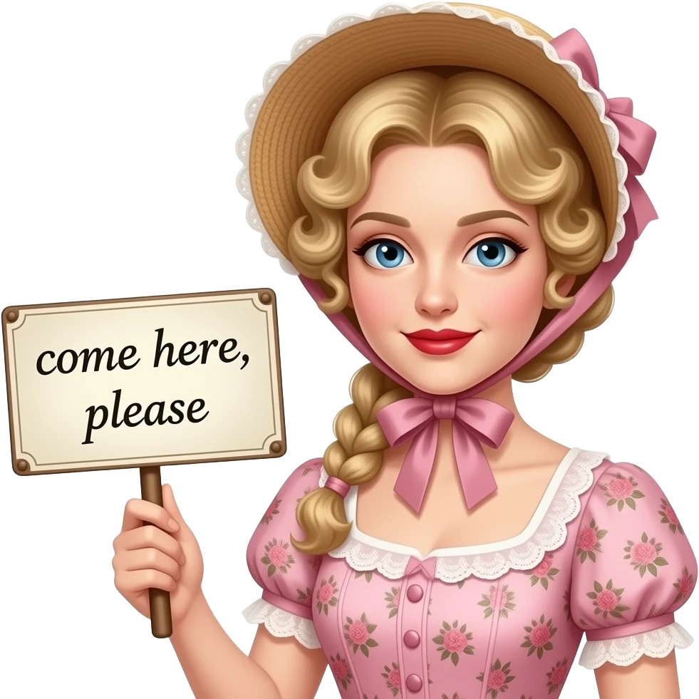 short blonde with spiral curly hair side swept bob pinned in a French twist  with a vintage sign saying come here, please in an 1800 pink floral outfit  and victorian hat in red lipstick emoji