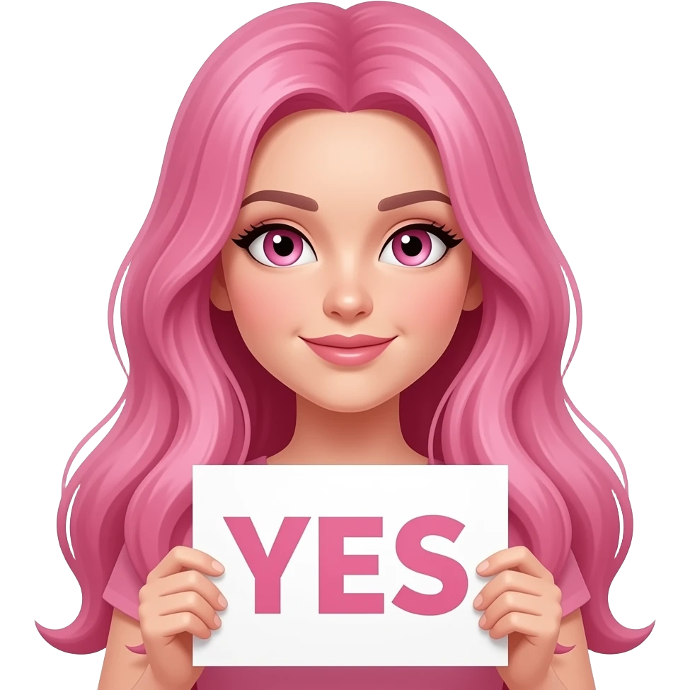 sexy girl with long pink hair and pink eyes holding a YES sign emoji