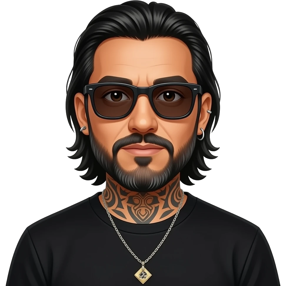 The handsome manly Latino podcast host with medium length hair, a long slightly graying beard and tattoos with his ears pierced 1 time each ear and a nose ring on the right side, dark brown eyes, wearing black, super dark sunglasses, jewelry, getting a divorce emoji