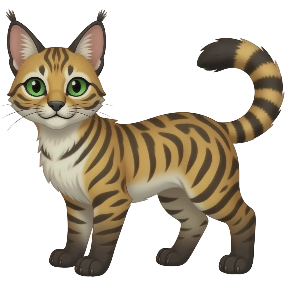 Tribal-Patterned vernid-Civet-Genet-Bobcat-Caracal-Serval-animal-hybrid-mix fantasy creature LiLaiRa Kamirah Falvie whiskers paws full body gradient stripes tufted tail feline emoji