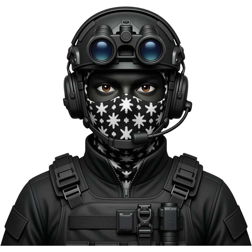 man wearing a black special tactics medical force outfit and a black COMBAT BOOTS PLATEface total painted black and a black and white patterned balaclava and wears a headset and a big black night vision device on his headtop with a helmet and a mask emoji