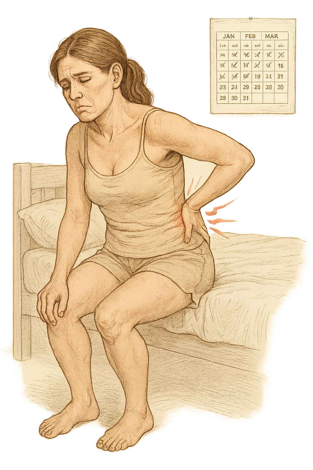 a woman in her 30s sits on the edge of her bed in the morning, holding her lower back with a pained expression. Subtle visual cues, like uneven shoulders or hips, hint at postural asymmetry. The room is softly lit, and a calendar on the wall shows months crossed off, symbolizing chronic pain over the years. vista anatomicamente emoji