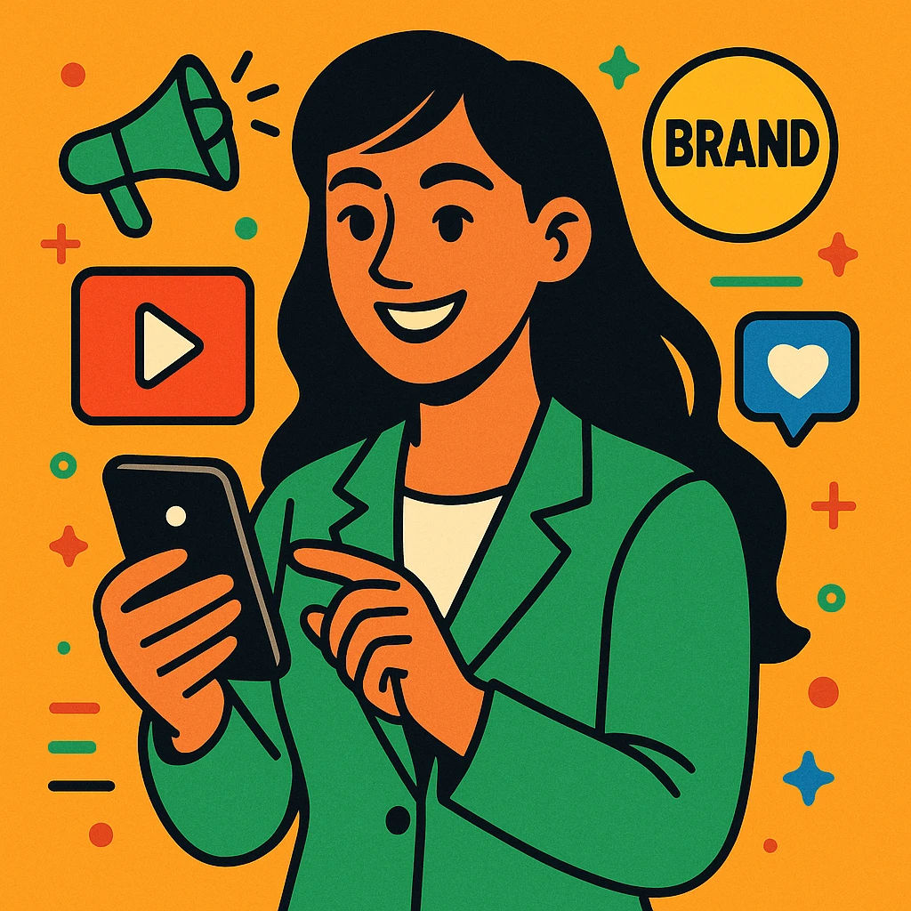 female brand marketer with long black hair, dressed in green, smiling and holding a smartphone, symbolizing content creation and social media reels, vibrant professional style emoji