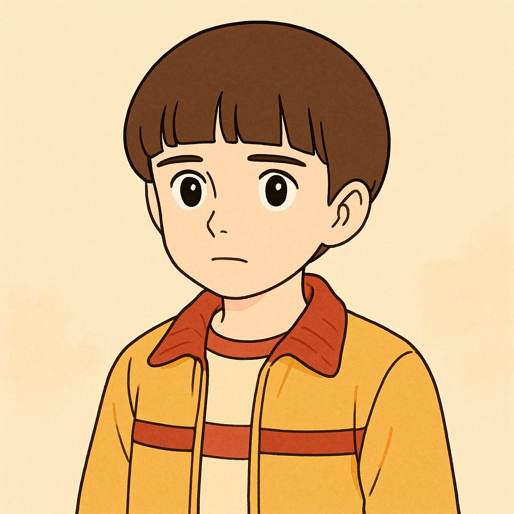 Create a character of Will Byers from Stranger Things inspired by the provided reference image. Use a simple line style with thick outlines, colored in light pastel tones, in the Ghibli style. Format the image in a 1:1 aspect ratio. emoji