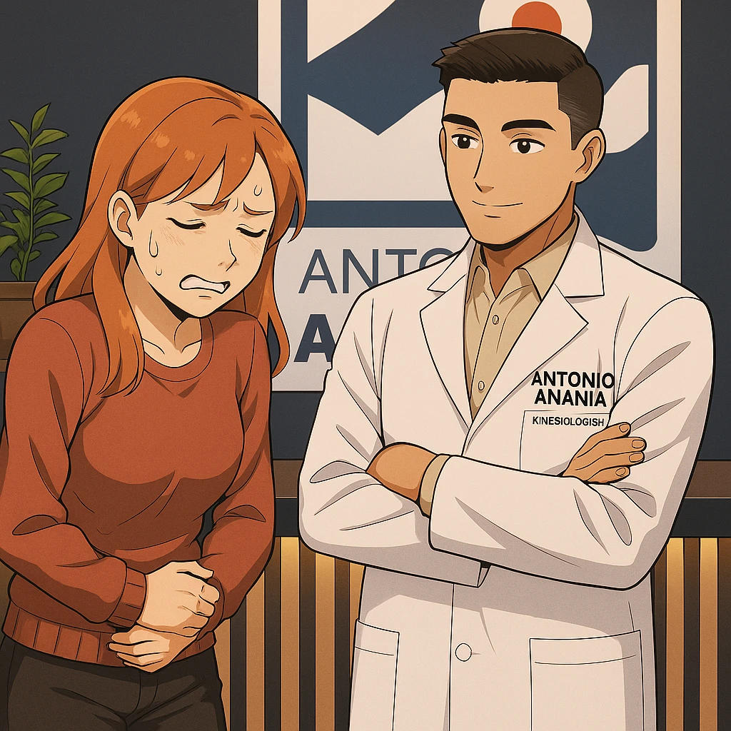su questo stile fai un manga/webtoon a colori in cui una donna che parla esasperata dal suo problema, l'uomo della foto in stile manga gli risponde, mantieni un ambiente simile alla foto che ho allegato con il suo logo (sarebbe il suo studio, lui è un kinesiologo), scrivigli "ANTONIO ANANIA" sul camice bianco, non mettere fumetti, ma fai in modo che sembri che la donna chiede una cosa e l'uomo risponde alla sua domanda emoji