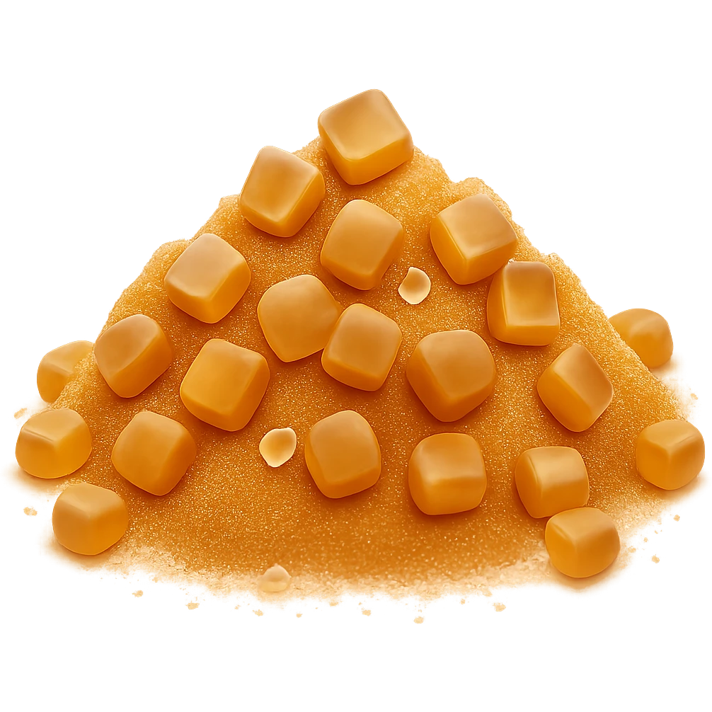 Make the brown sugar texture finer, with smaller, more delicate crystals, while keeping the golden-amber color and natural, dry look. Add more scattered crystals around the base for realism. Maintain the look of Apple emoji style: clean, 3D, soft shadows, no cartoon features, no packaging, no bowl, transparent background, emoji scale. emoji