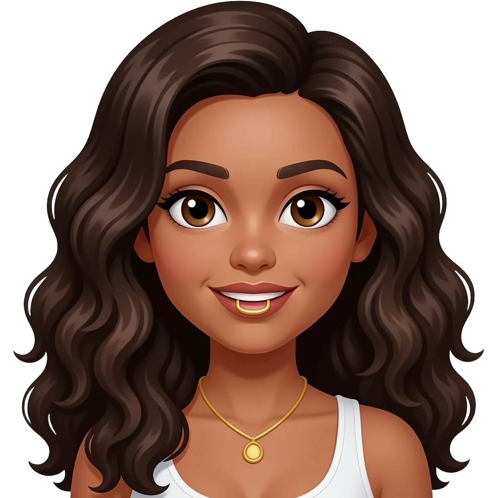 With a gold grill, Light brown eyes, dark brown long hair, mixed black and white female, longer wavy curly hair emoji