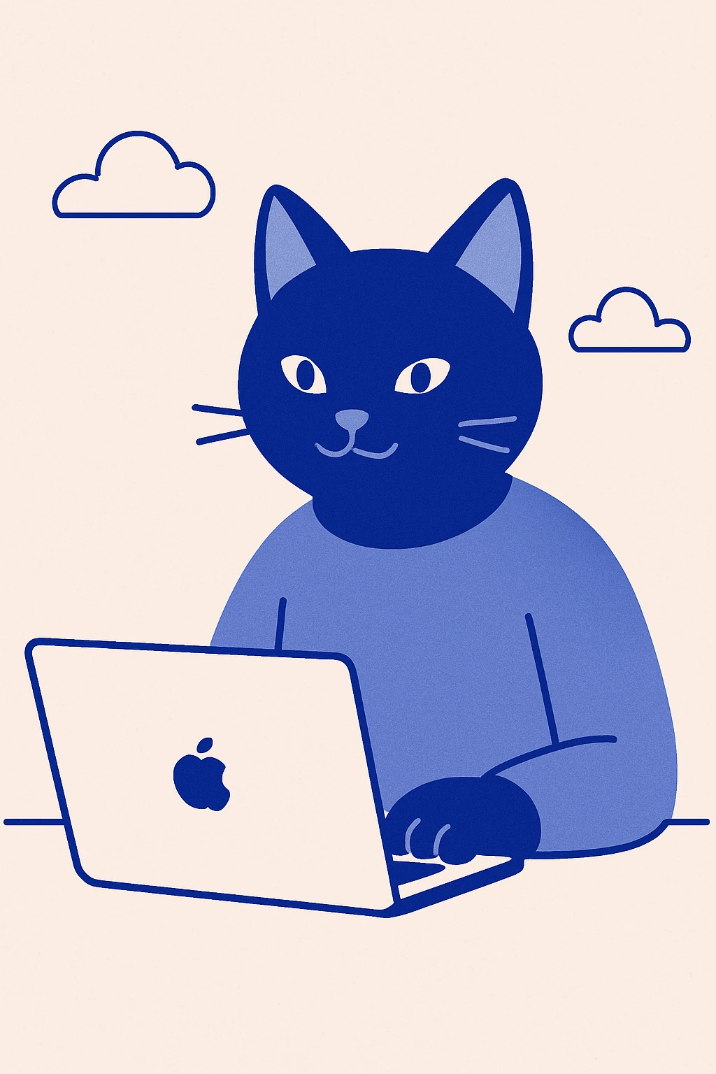 simple modern style cat sitting in front of a MacBook working emoji