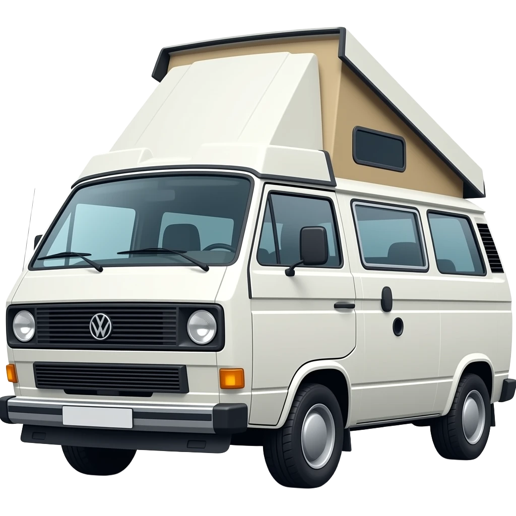 vw t3 california weiß mit eckigen(!) Doppelscheinwerfern und Klappdach von schräg vorne gesehen emoji