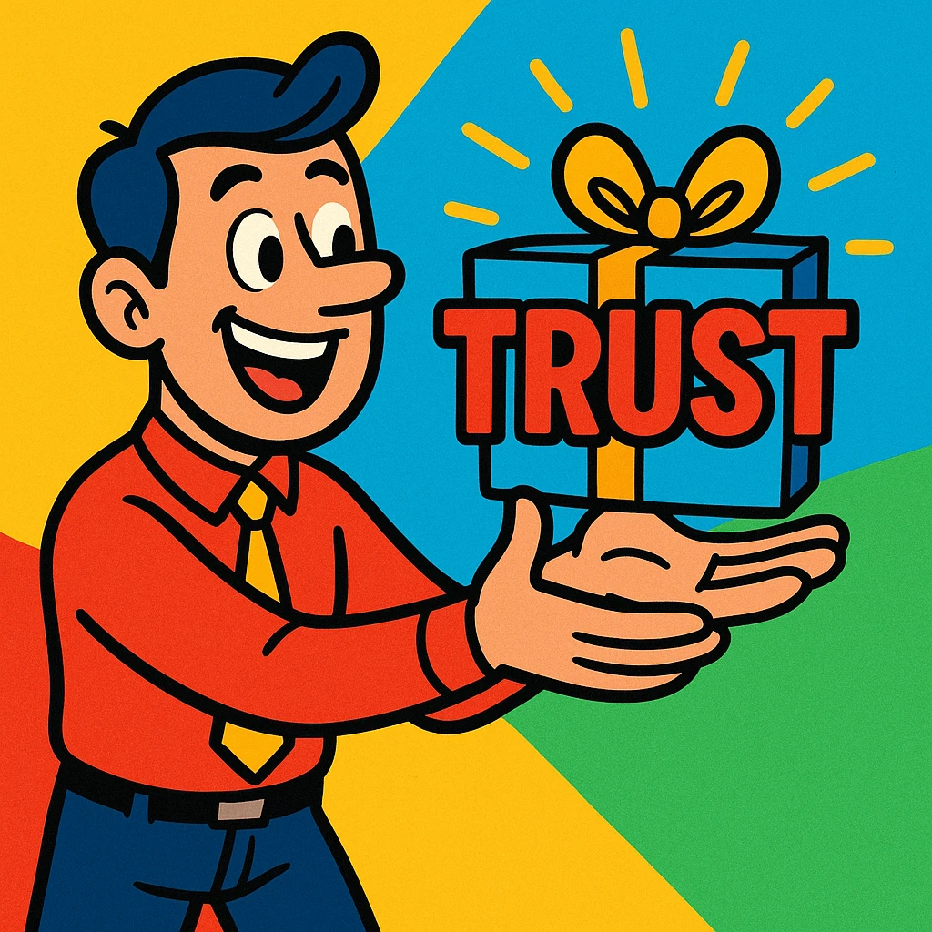 a man presenting the word 'trust' as a gift, vibrant, playful style emoji