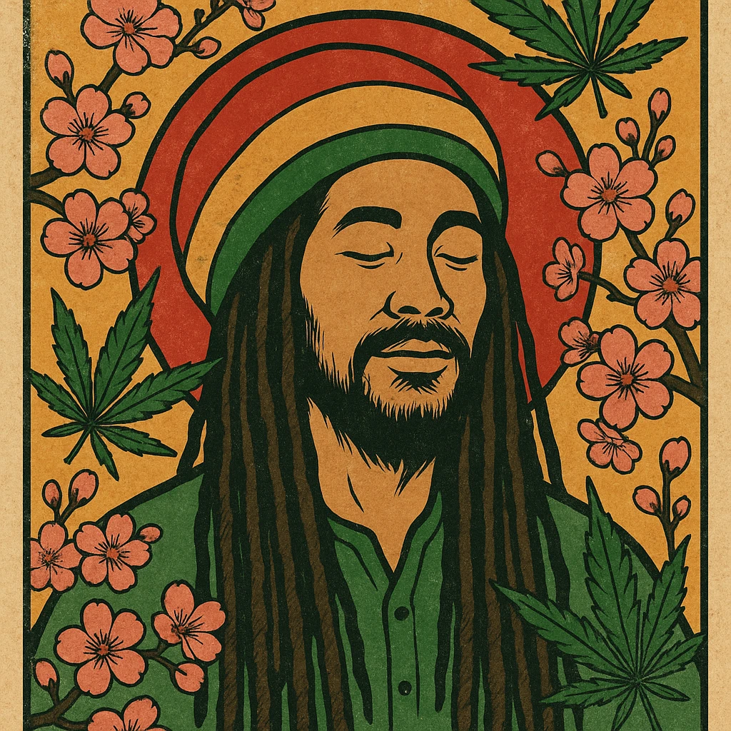 Vintage poster of an Asian Rasta with long dreadlocks, peaceful eyes, and a red-gold-green tam. Surrounded by cherry blossoms and ganja leaves. Background blends Rasta colors into an Asian flag (e.g., red sun from Japan or Chinese star). Retro reggae fusion vibe, with bold lines and aged paper texture.
 emoji