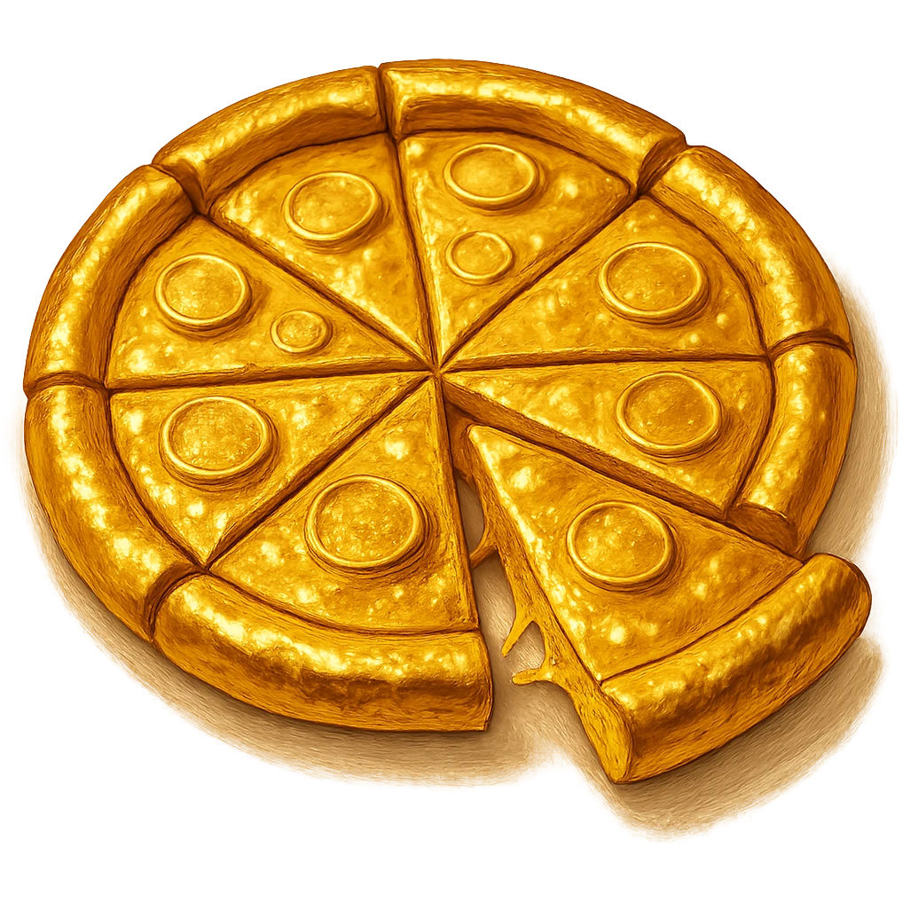 В cлегка рисованной, но при этом объемной и яркой стилистике сгенерируй картинку золотой пиццы, разделенной на кусочки, где один кусок вылезает в сторону. Пицца должна быть не желтой, а реально золотой, прозрачный фон emoji