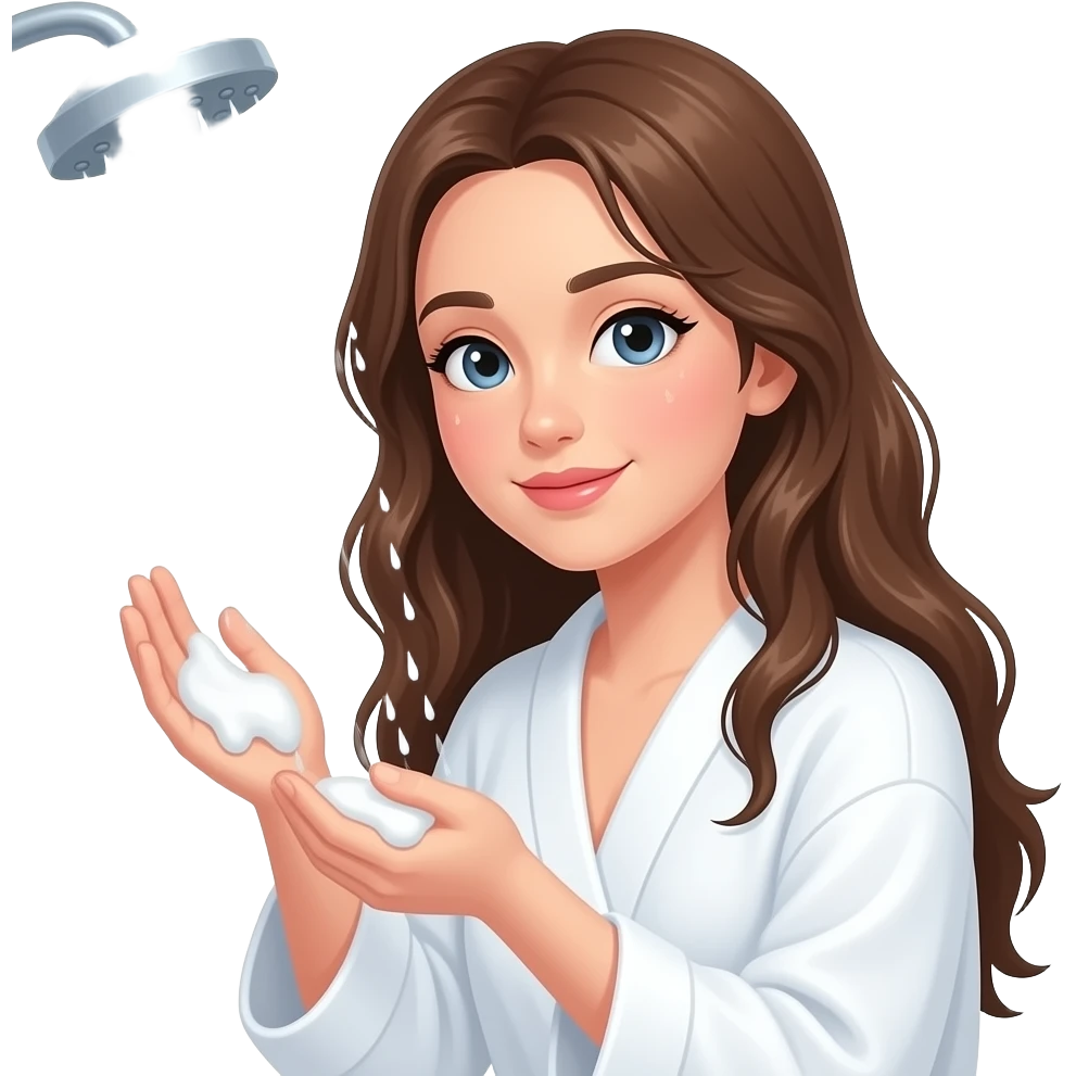 girl in white robe long wet brown hair relaxing shower skin care emoji