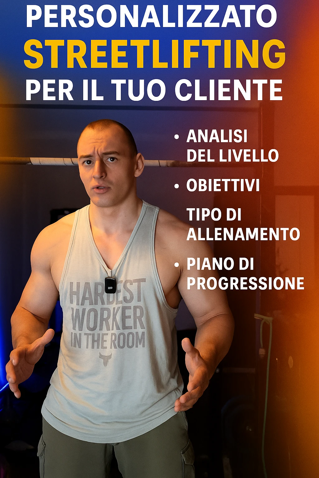 Uomo che crea un programma personalizzato per un suo cliente, sullo streetlifting, tutto in italiano emoji
