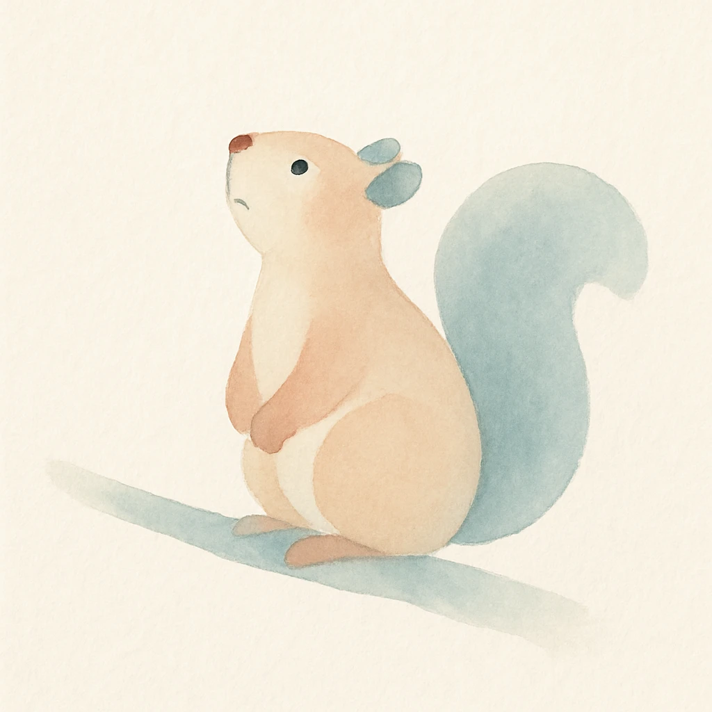 a squirrel sitting on a branch, eyes looking up, appearing to ponder, soft painterly style emoji